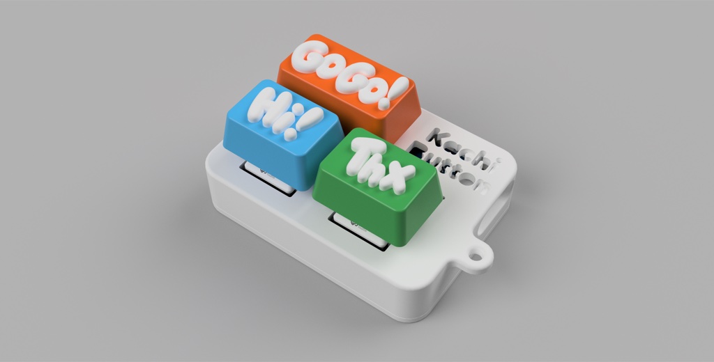 Kachi Button keychain keyboard with three keys reading Go Go!, Hi! and Thx